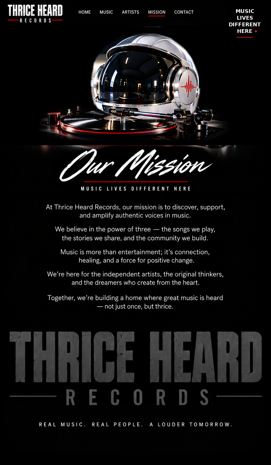 Thrice Heard Records mission design: a white, black-visored studio helmet with a red waveform beside a vinyl record player against a black background, followed by the mission statement and ghosted label name.